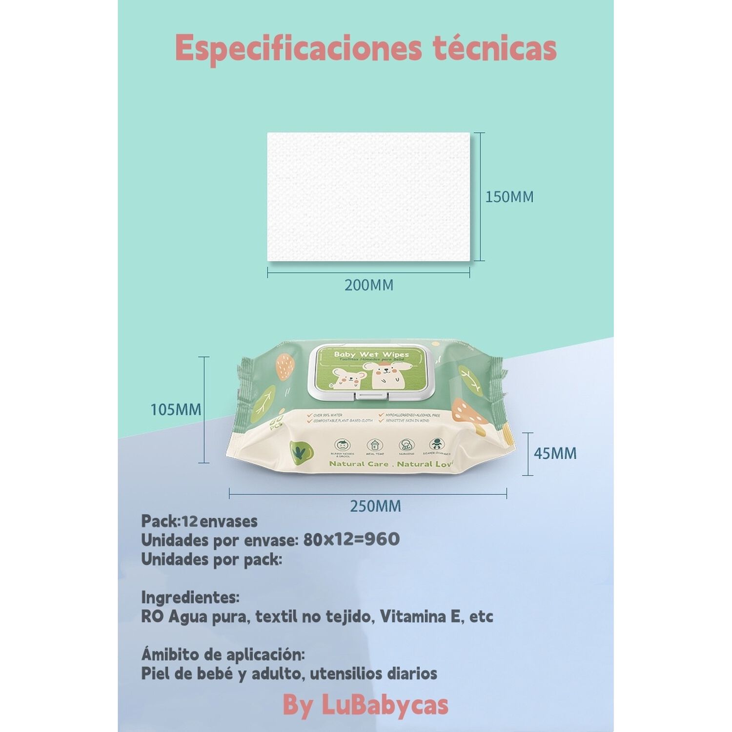 Toallitas H&uacute;medas Con Tapa Pack 12x80 Unidades Lubabycas image number 5.0