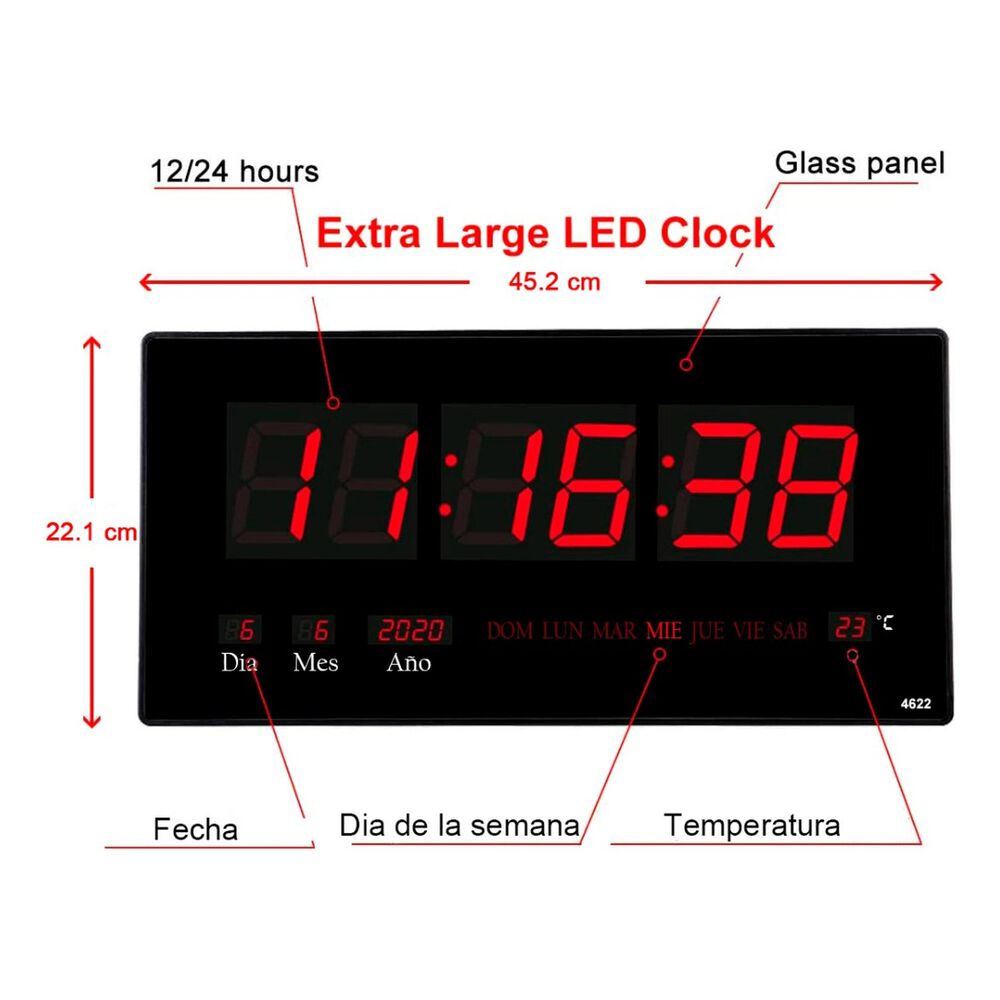 Reloj Digital Pared Led Grande Hora Fecha Temperatura Negro image number 2.0