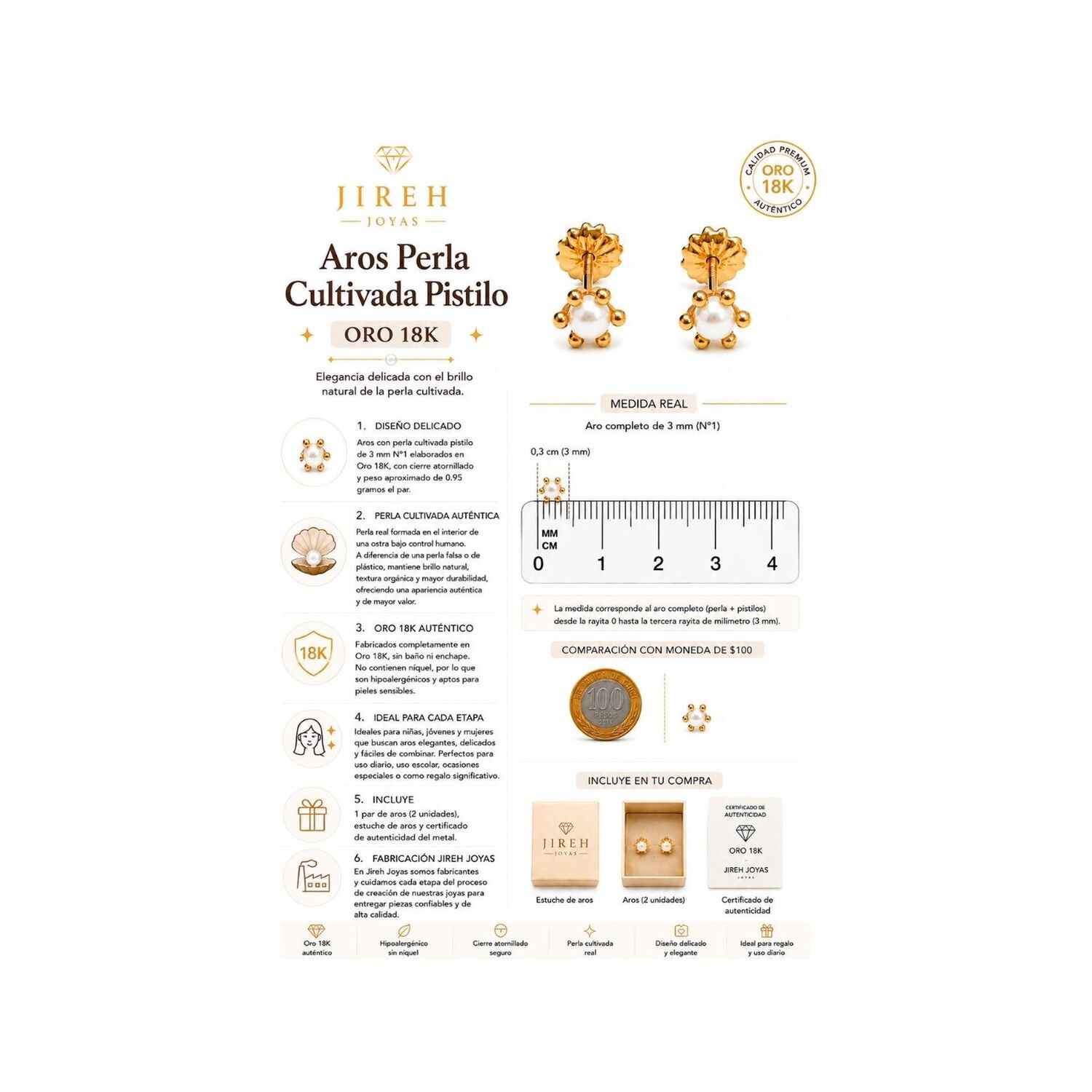 Aros Perla Cultivada Pistilo 3mm N1 Oro 18k 0.95gr Mujer Dorado image number 5.0