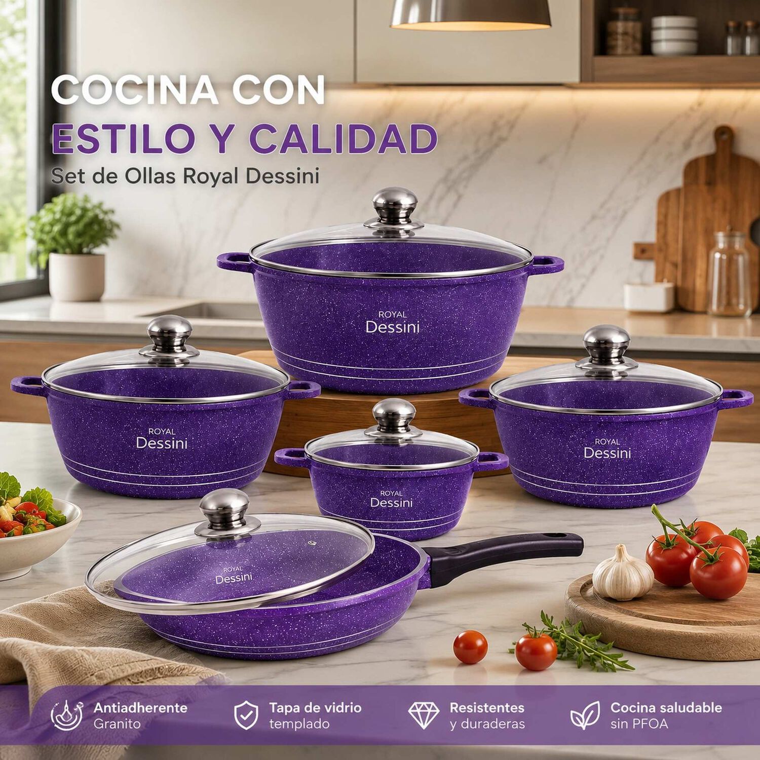 Juego De Ollas 12 Piezas Granito Royal Dessine Color Morado image number 2.0