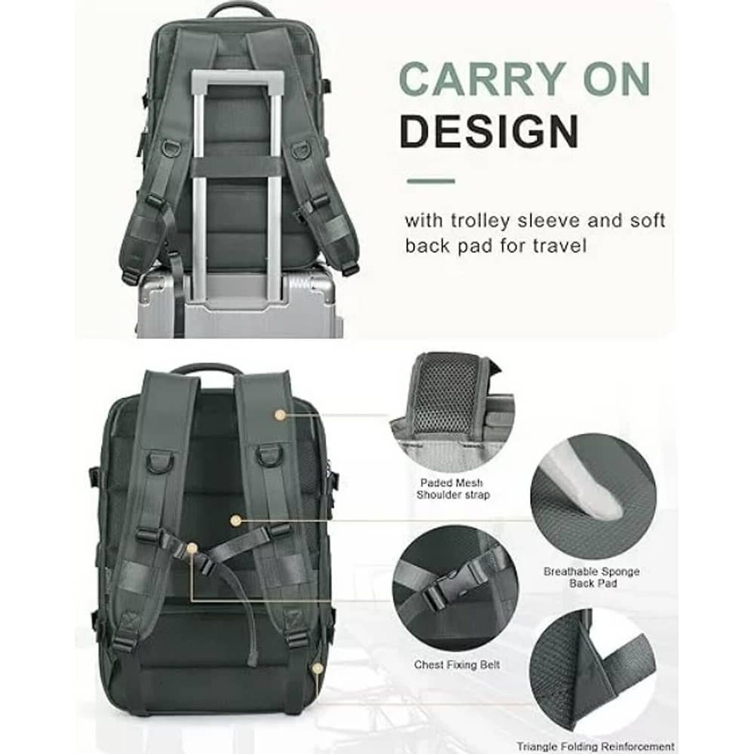Mochila De Senderismo Impermeable De Viaje Grande Con Interf Verde Oscuro image number 3.0
