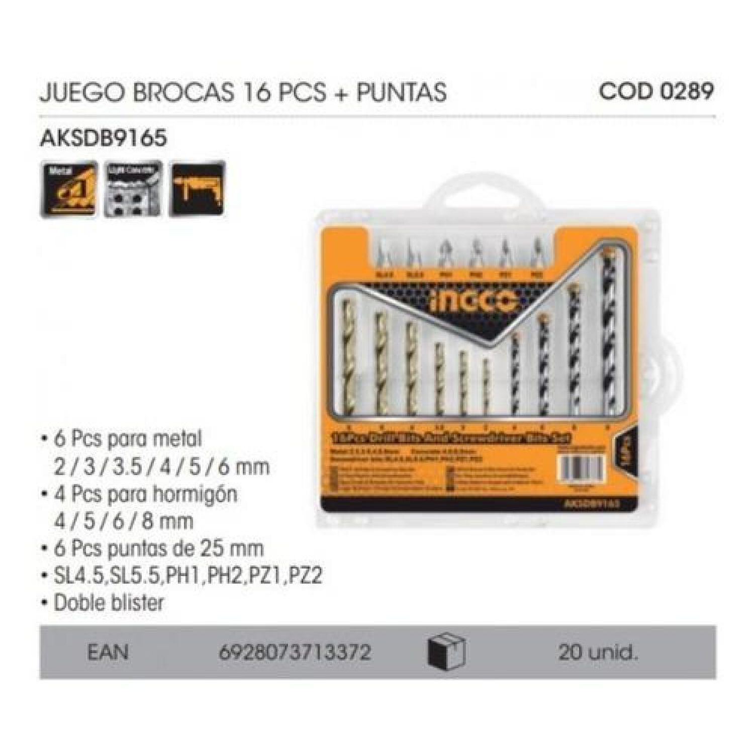 Juego De Brocas Concreto + Acero Y Puntas 16pzas Ingco image number 1.0