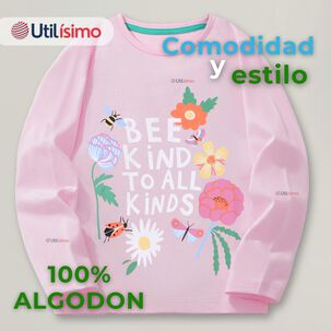 Polera Manga Larga Ni&ntilde;a 100% Algod&oacute;n Flores Rosado Camiseta