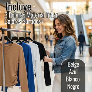 Pack 3 Camisetas Polar Polera Cuello V Mujer Manga Larga Tela Acanalada Colores Surtidos