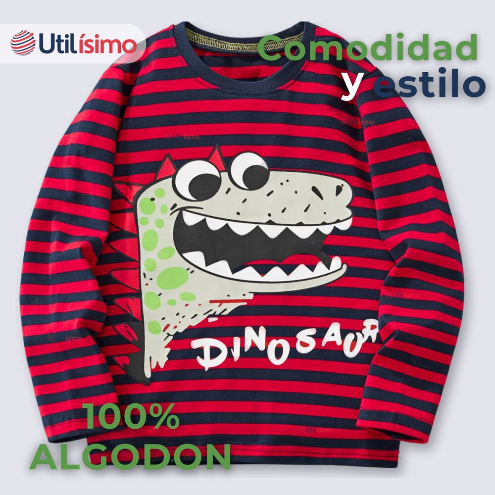 Polera Manga Larga Niño 100% Algodón Dinosaurio Rojo Camiseta image number 1.0