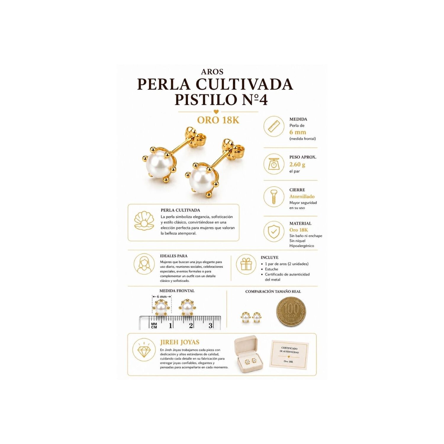 Aros Perla Cultivada Pistilo 6mm N4 Oro 18k 2.50gr Mujer Dorado image number 2.0