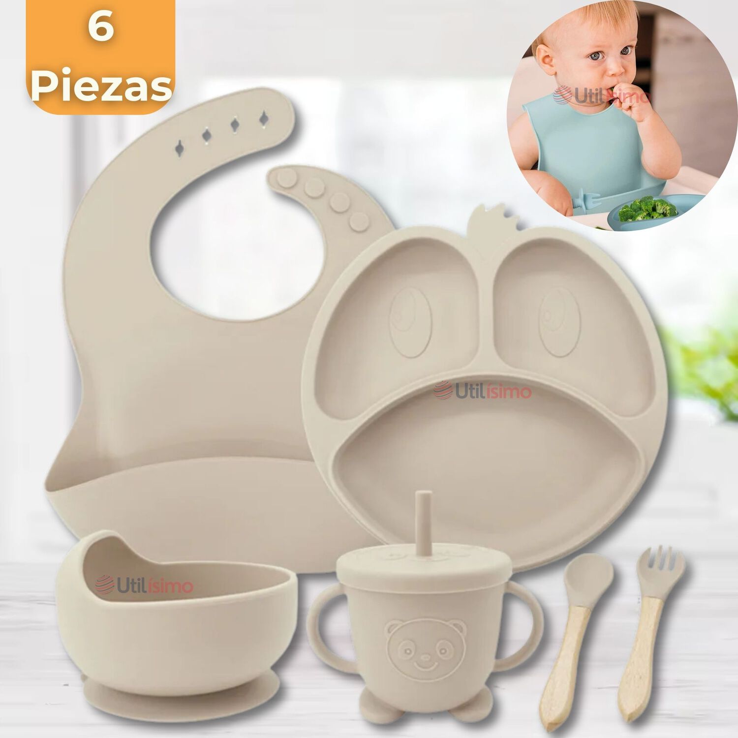 Set De Alimentaci&oacute;n Beb&eacute; Silicona De Formas 6 Piezas Libre Bpa Color Beige image number 0.0