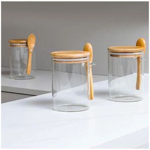 Set 3 Frascos Hermeticos 10cm Redondo Cuchara Tapa Bambú Set 3 Frascos Hermeticos 10cm Redondo Cuchara Tapa Bambú