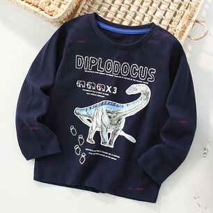 Polera Manga Larga Ni&ntilde;o 100% Algod&oacute;n Dinosaurio Azul Camiseta