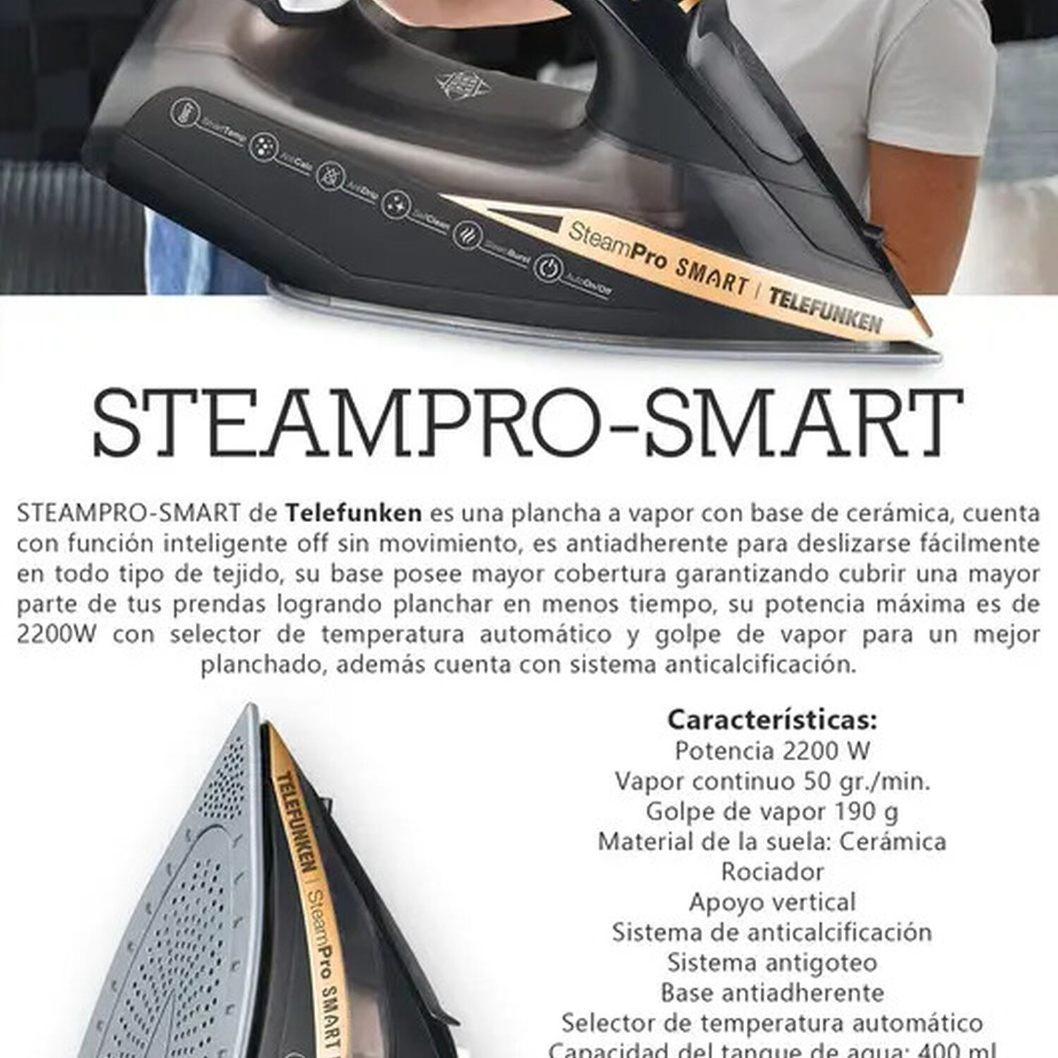 Plancha A Vapor Telefunken Steamprosmart 220w Color Negro image number 6.0