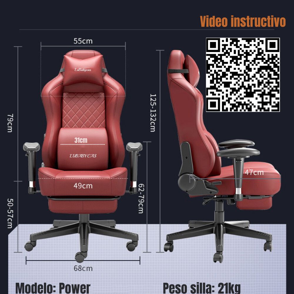 Silla Gamer Premium Reclinable Con Reposapies Power Roja image number 5.0