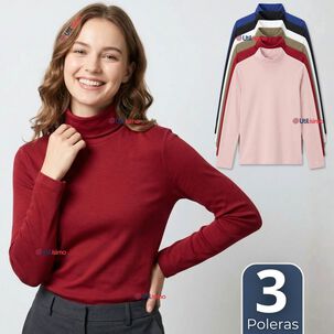 Pack 3 Camisetas Poleras Bamb&uacute; Primera Capa Cuello Beatle Manga Larga Colores Surtidos Mujer
