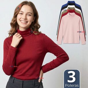 Pack 3 Camisetas Poleras Bamb&uacute; Primera Capa Cuello Beatle Manga Larga Colores Surtidos Mujer