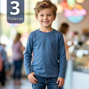 Pack 3 Poleras Camisetas Bamb&uacute; Claro Oscuro Cuello Redondo Primera Capa Manga Larga Ni&ntilde;o