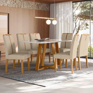 Juego De Comedor Sonatta Madera Maciza 160x90 Cm Vidrio 6 Sillas Beige