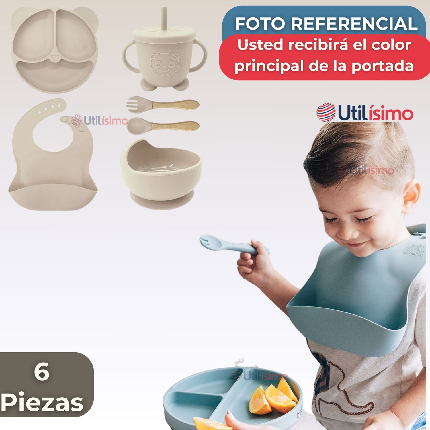 Set De Alimentaci&oacute;n Beb&eacute; Silicona De Oso 6 Piezas Libre Bpa Color Beige image number 5.0