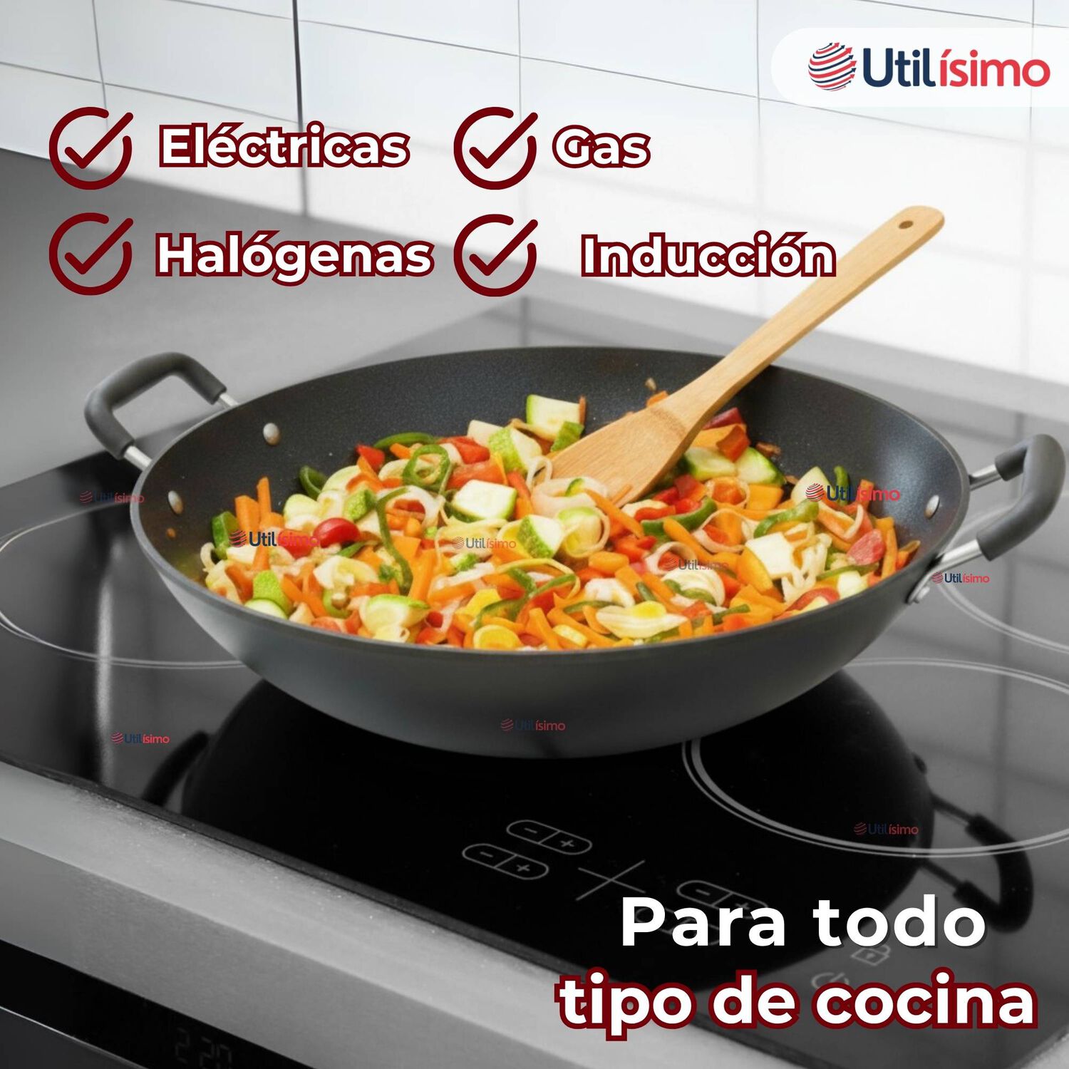 Wok Chino Acero Inoxidable Antiadherente 34cm+ Cuchara De Madera De Bamb&uacute; image number 6.0