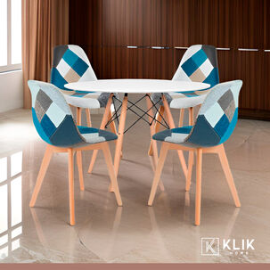 Comedor Mesa Redonda Blanca 80cm + 4 Sillas Patchwork Wood C