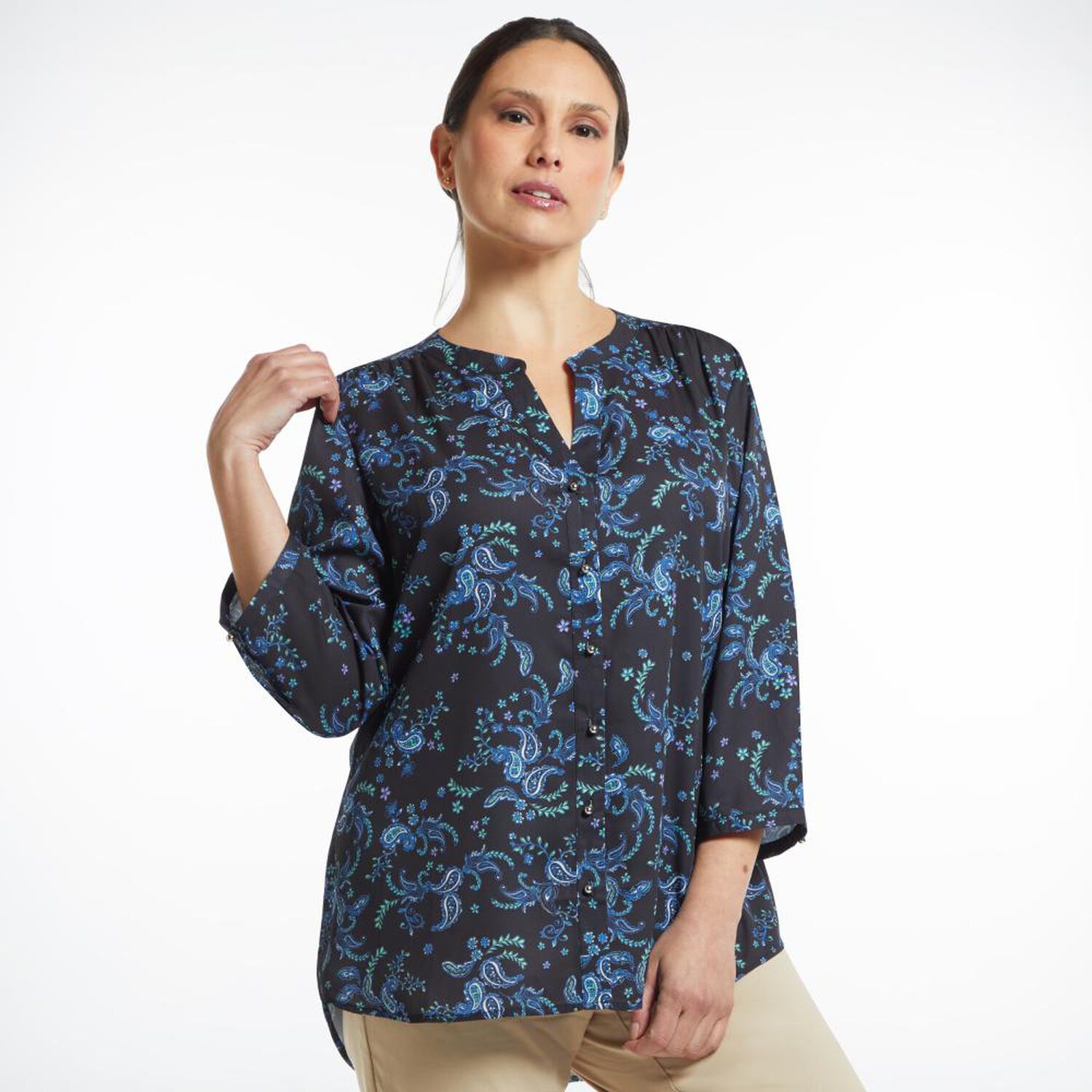 Blusa Print Abotonada Manga 3/4 Cuello Mao Mujer Lesage image number 2.0