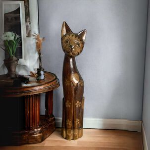 Gato Madera Artesanal 60 Cm Caf&eacute; Oscuro