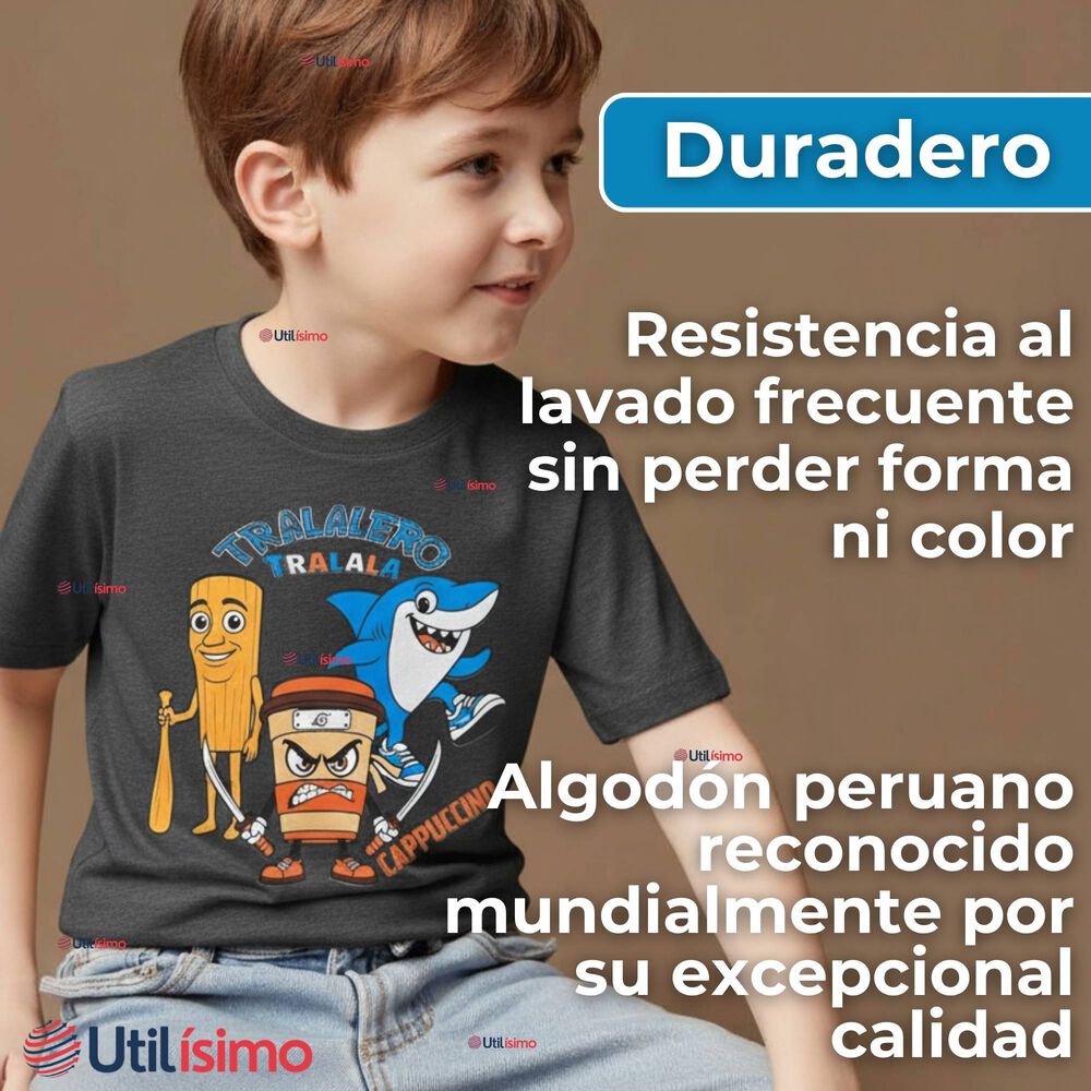 Polera Brainrots 100% Algodón Manga Corta Niño Tralalero Gris Oscuro image number 5.0