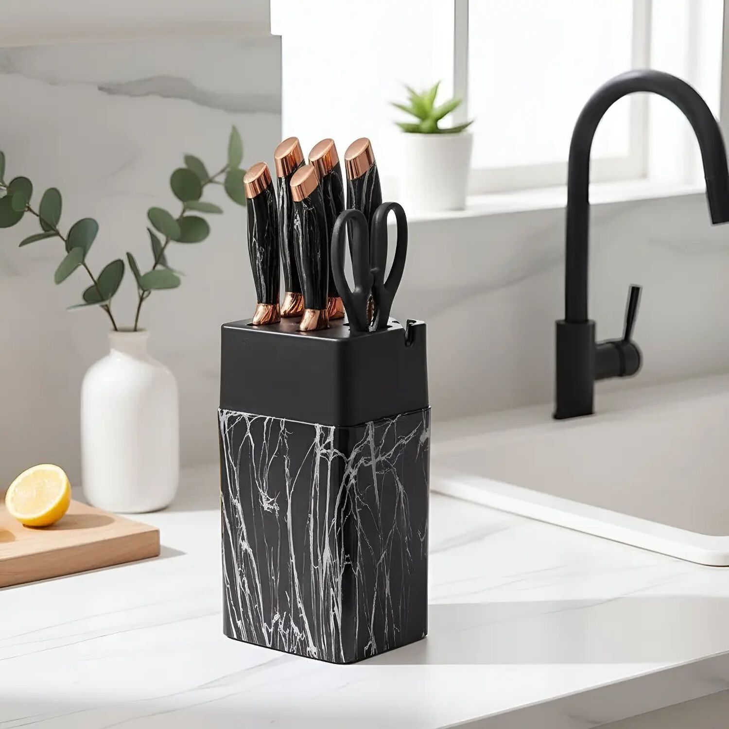 Set De Cuchillos De Cocina De 7 Piezas Marble Lux Con Tijera Color Negro Plateado image number 4.0