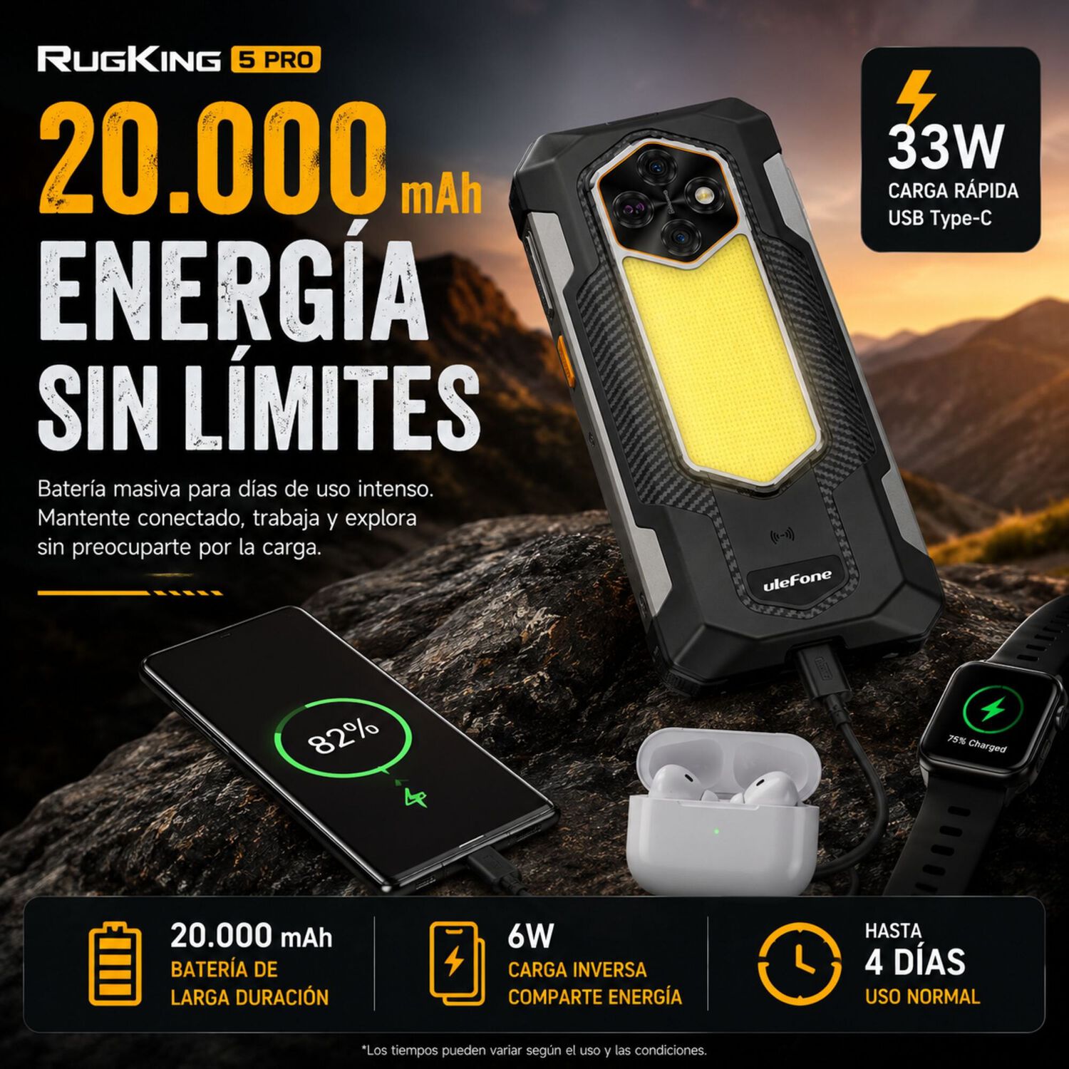 Celular Rugged Ulefone Rugking 5 Pro Bater&iacute;a 20000mah 256gb 16gb image number 1.0