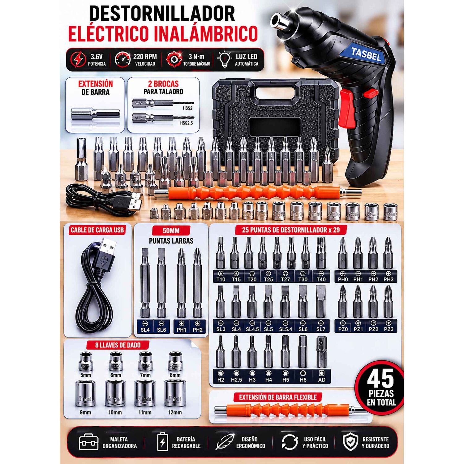 Taladro Destornillador Inal&aacute;mbrico Recargable + Accesorios image number 6.0