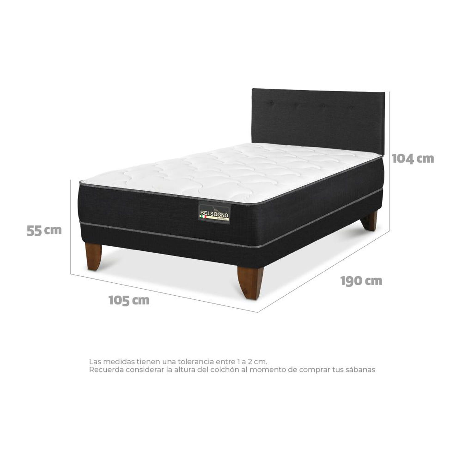 Cama Europea Belsogno Black / 1.5 Plazas / Base Normal + Respaldo image number 3.0