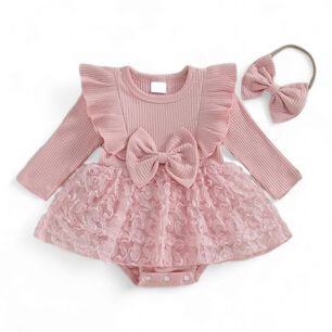Conjunto Body Vestido Para Ni&ntilde;a Bebe Lazo Primavera