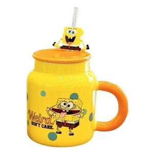 Tazón Cerámica Tipo Jarrón Con Tapa Bob Esponja C Bombilla