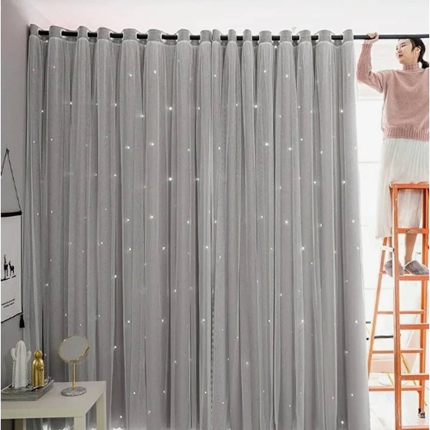 Cortinas Tela+visillo Estrella Hueca 150cm X 240cm (2 Pa&ntilde;os) Gris image number 1.0