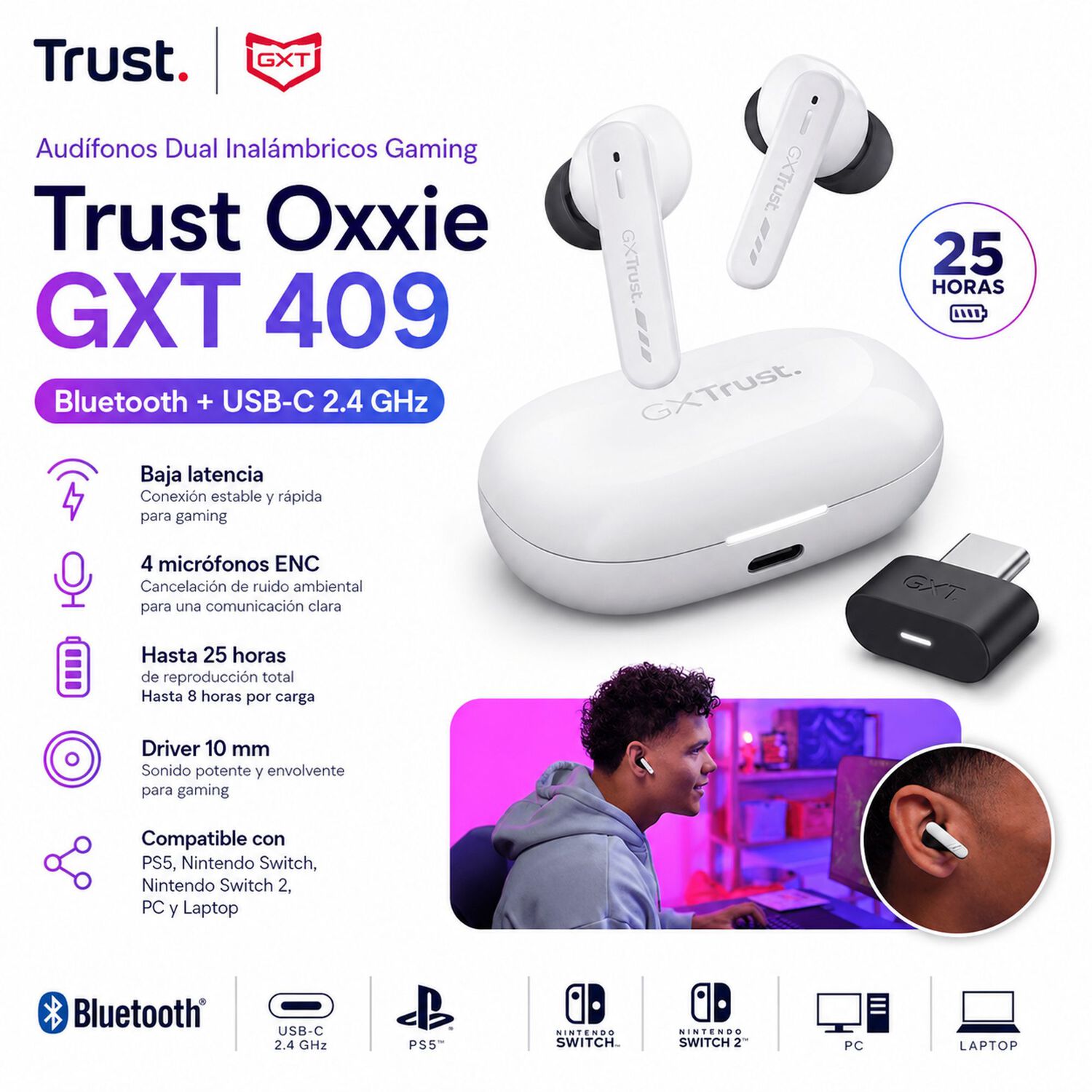 Aud&iacute;fonos Dual Inal&aacute;mbricos Gaming Trust Oxxie Gxt 409 Bt + Usb 2g image number 6.0