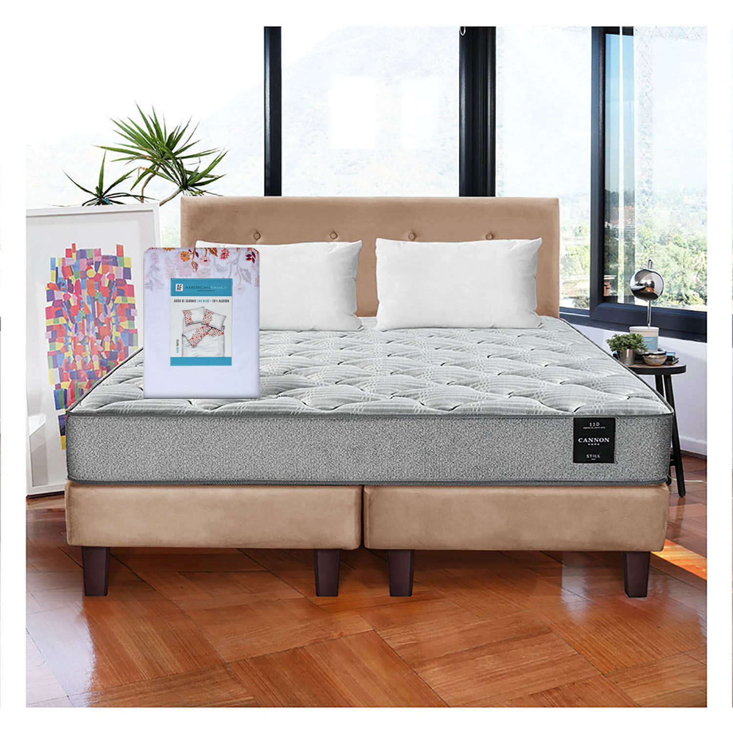 Combo Cama Cannon 2 Plazas Textil + Respaldo Tela Beige image number 0.0