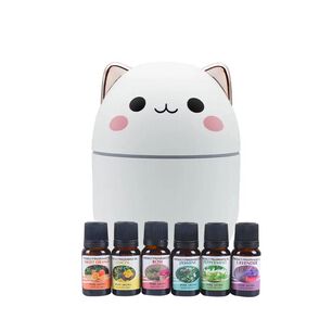 Pack Humidificador Dise&ntilde;o Gato Blanco + 6 Esencias Aromaticas