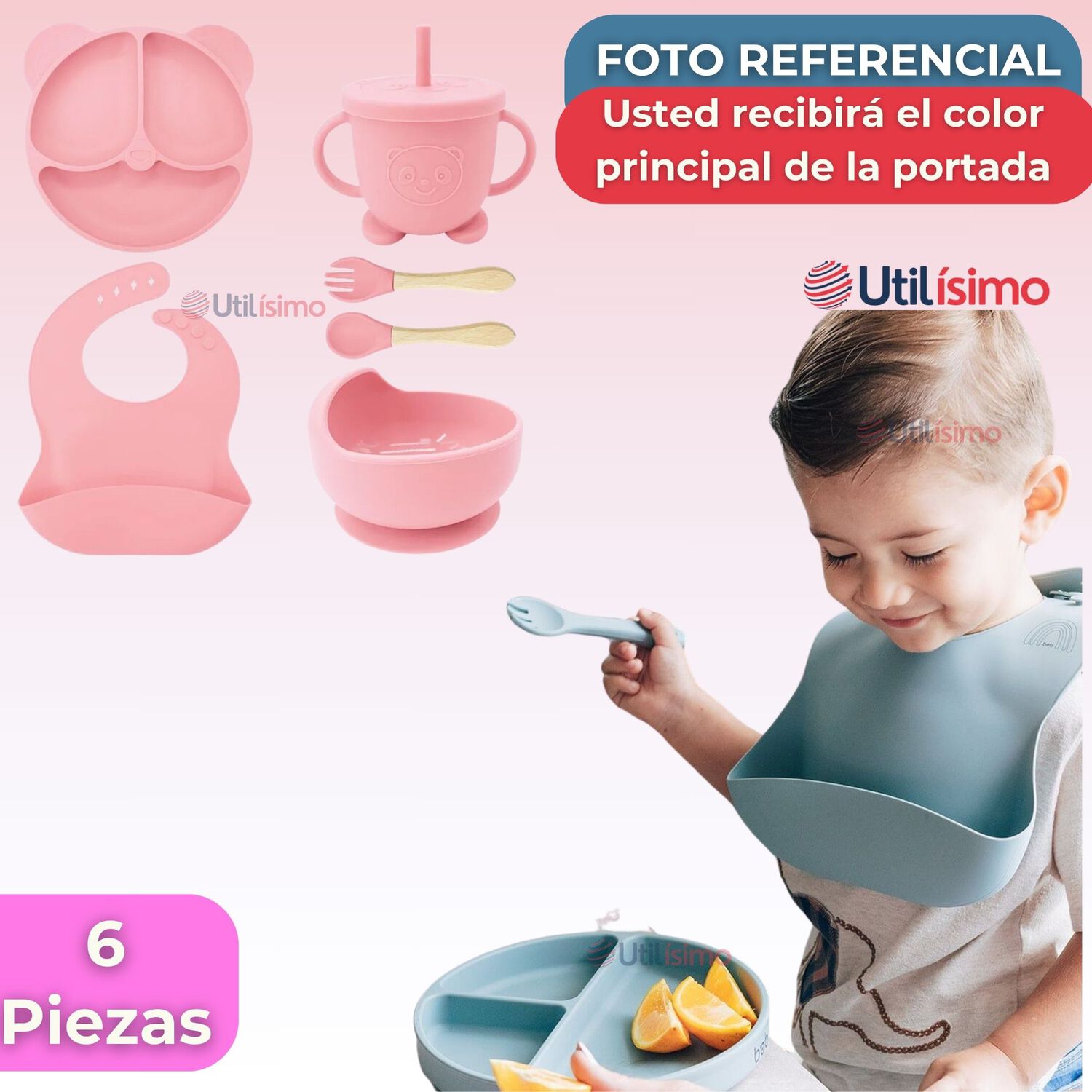 Set De Alimentaci&oacute;n Beb&eacute; Silicona De Oso 6 Piezas Libre Bpa Color Rosa Claro image number 5.0