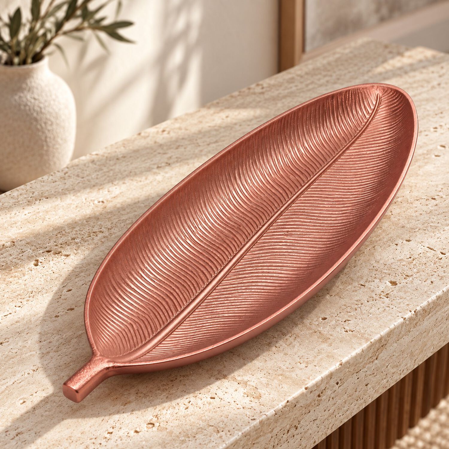 Bandeja Decorativa Forma De Hoja Estilo Moderno Organico 40 Cm Color Oro Rosa image number 3.0