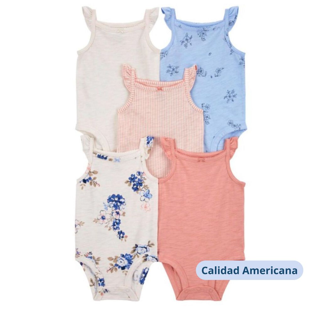 Pack 5 Bodys Ni&ntilde;a Sin Manga Tedmimak 100% Algod&oacute;n Blanco Flores image number 3.0