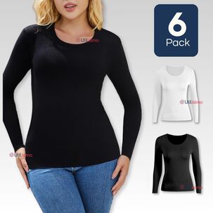 Pack 6 Camisetas Manga Larga Bambú Mujer Primera Capa Blanco Negro