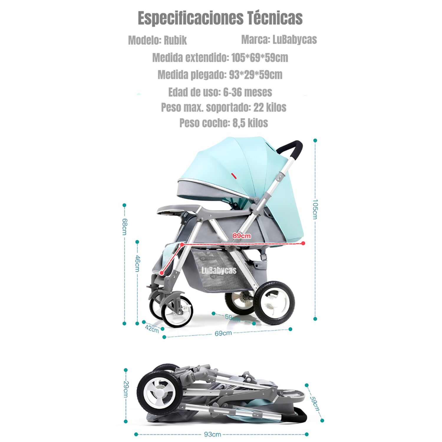 Coche De Paseo Reversible Rubik Rosado Lubabycas image number 7.0