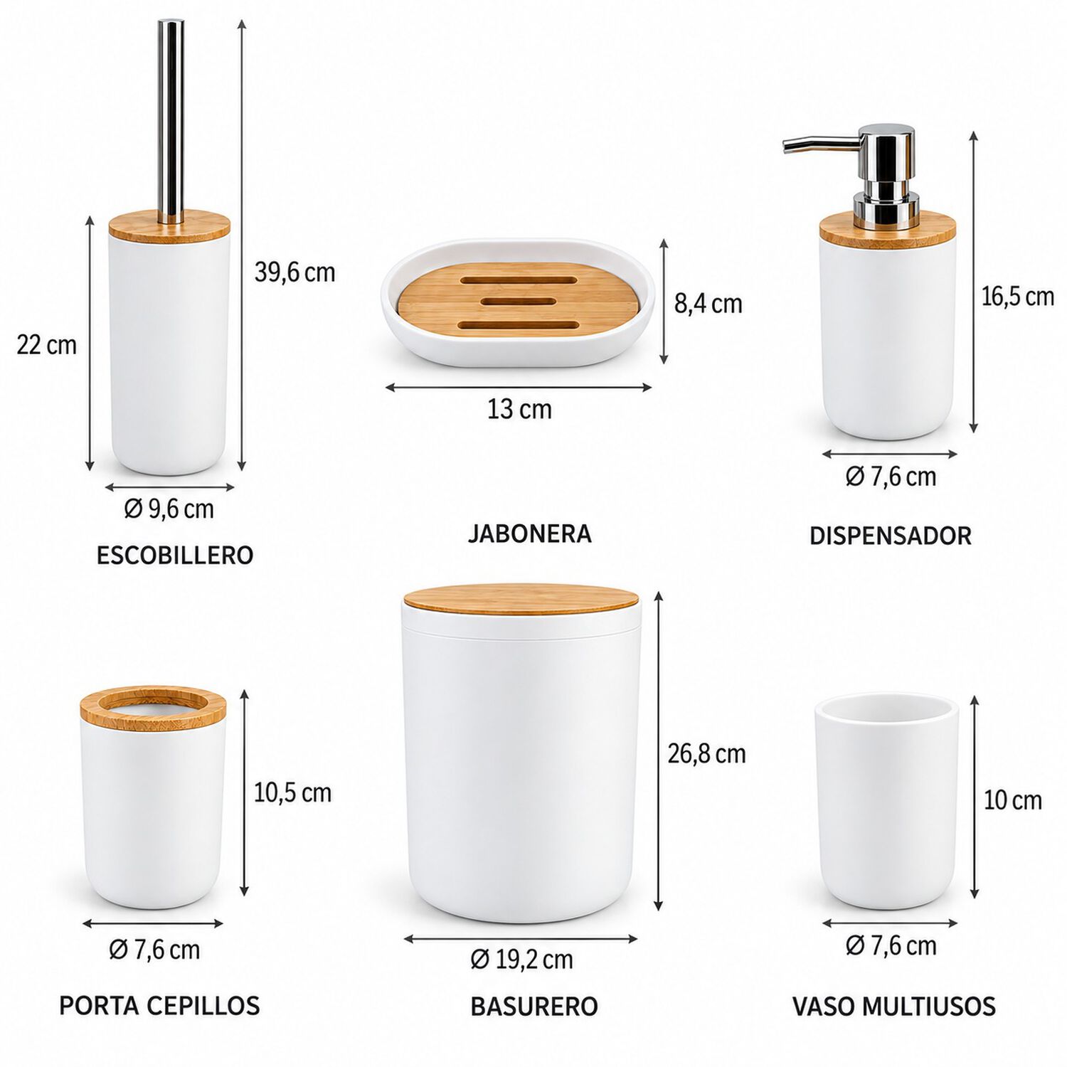 Set De Ba&ntilde;o Completo 6 Piezas De Abs Y Bambu Con Basurero Dispensador Y Escobilla Color Blanco image number 5.0