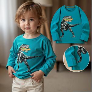 Polera Manga Larga Ni&ntilde;o 100% Algod&oacute;n Dinosaurio Verde Camiseta
