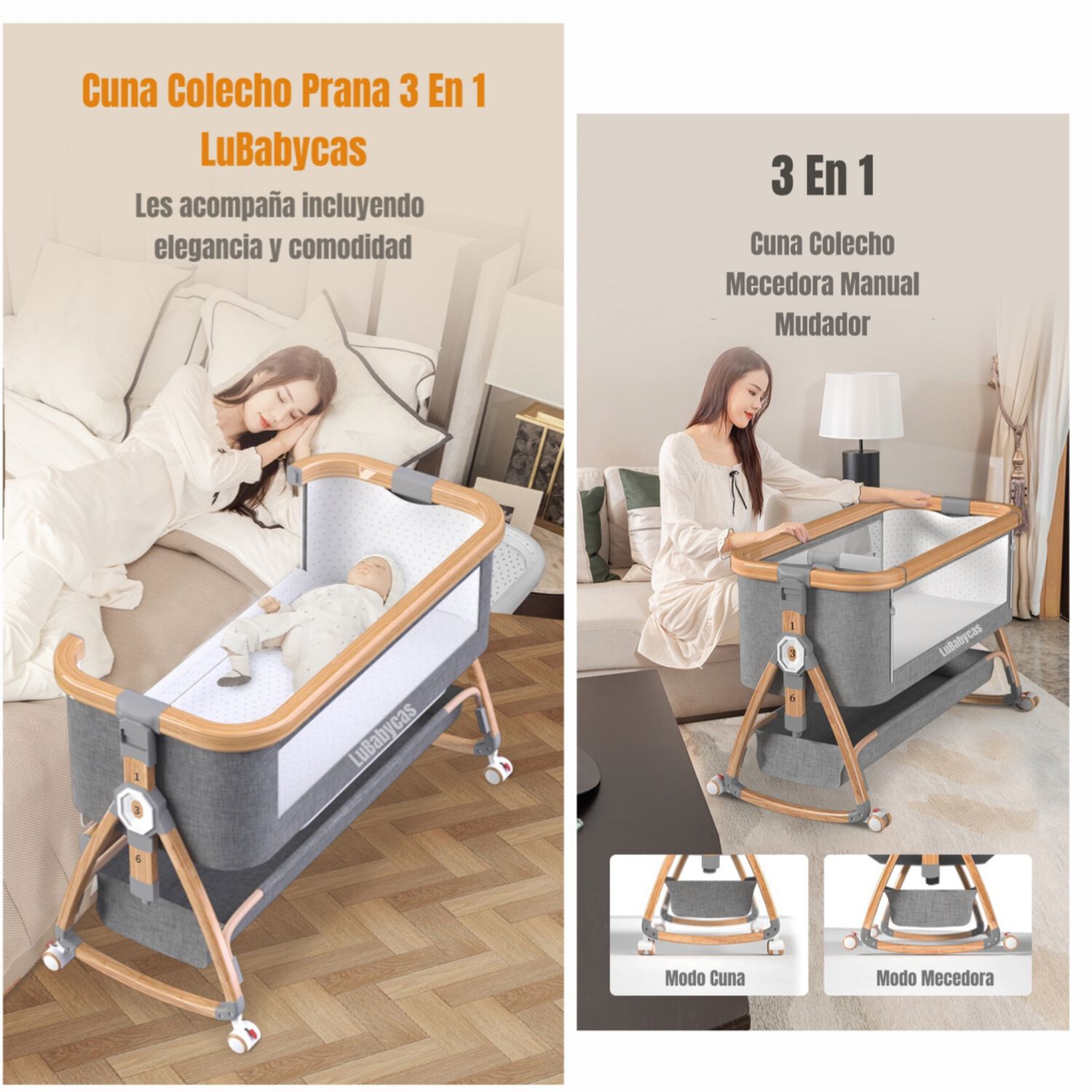 Cuna Colecho Mecedora 3 En 1 Lubabycas Gris image number 1.0