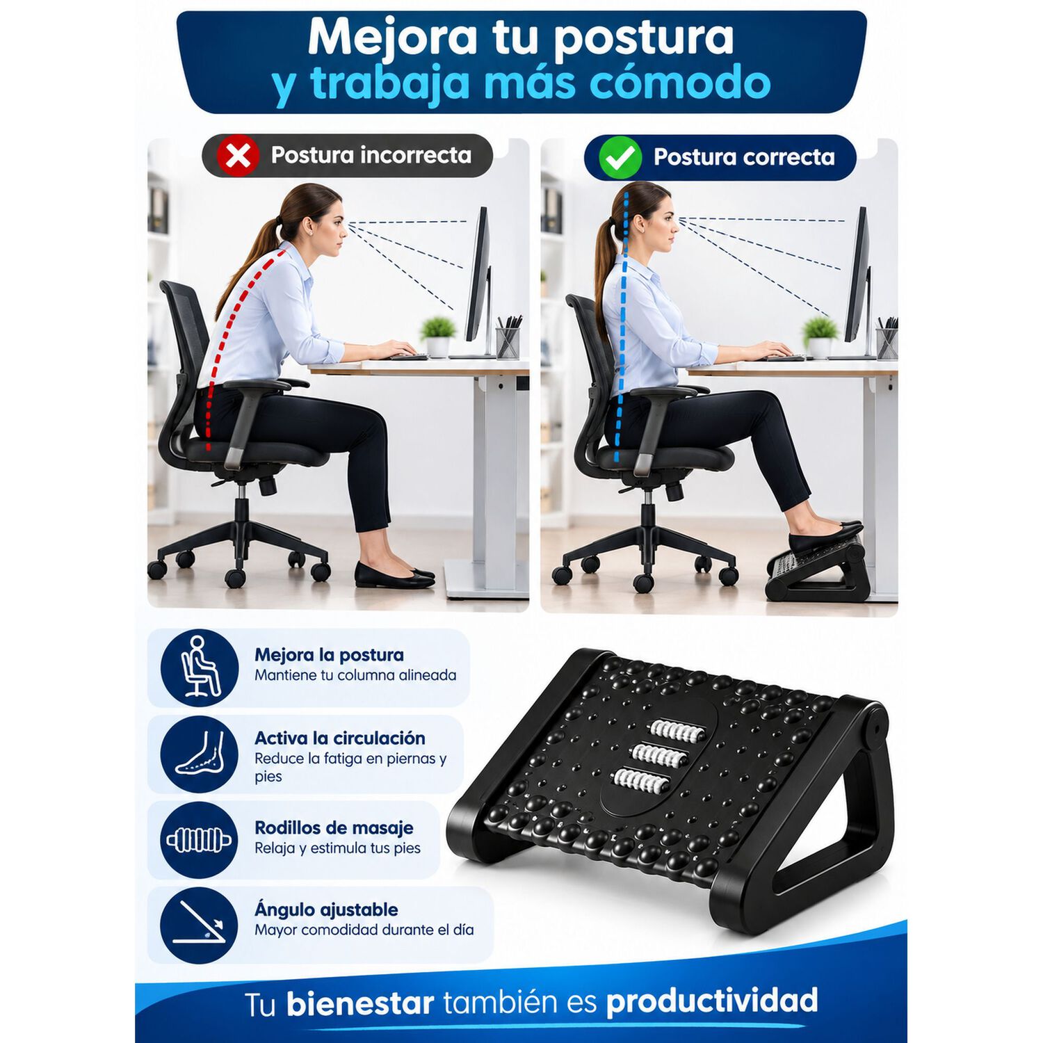 Reposapi&eacute;s Ergon&oacute;mico Ajustable Con Rodillos De Masaje image number 2.0