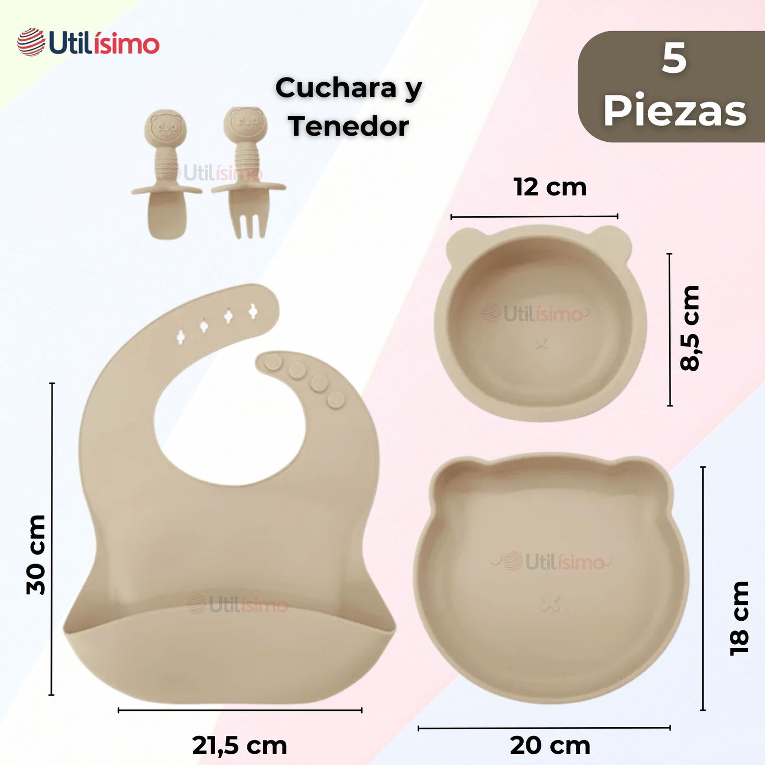 Set De Alimentaci&oacute;n Beb&eacute; Silicona 5 Piezas De Osito Libre Bpa Color Beige image number 1.0