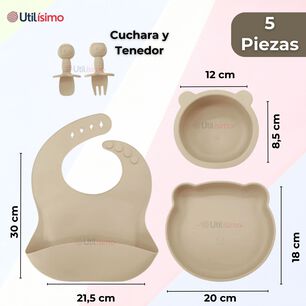 Set De Alimentaci&oacute;n Beb&eacute; Silicona 5 Piezas De Osito Libre Bpa Color Beige