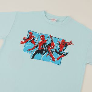 Polera Manga Corta Ni&ntilde;o Celeste Saltando Spiderman Marvel