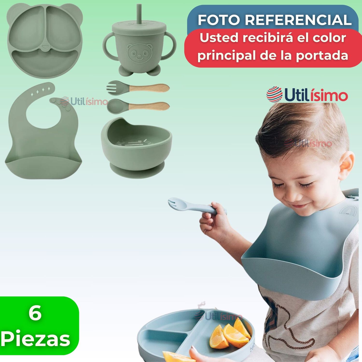 Set De Alimentaci&oacute;n Beb&eacute; Silicona De Oso 6 Piezas Libre Bpa Color Verde image number 5.0