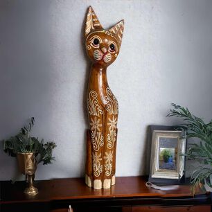 Gato Madera Artesanal 60 Cm Caf&eacute; Claro