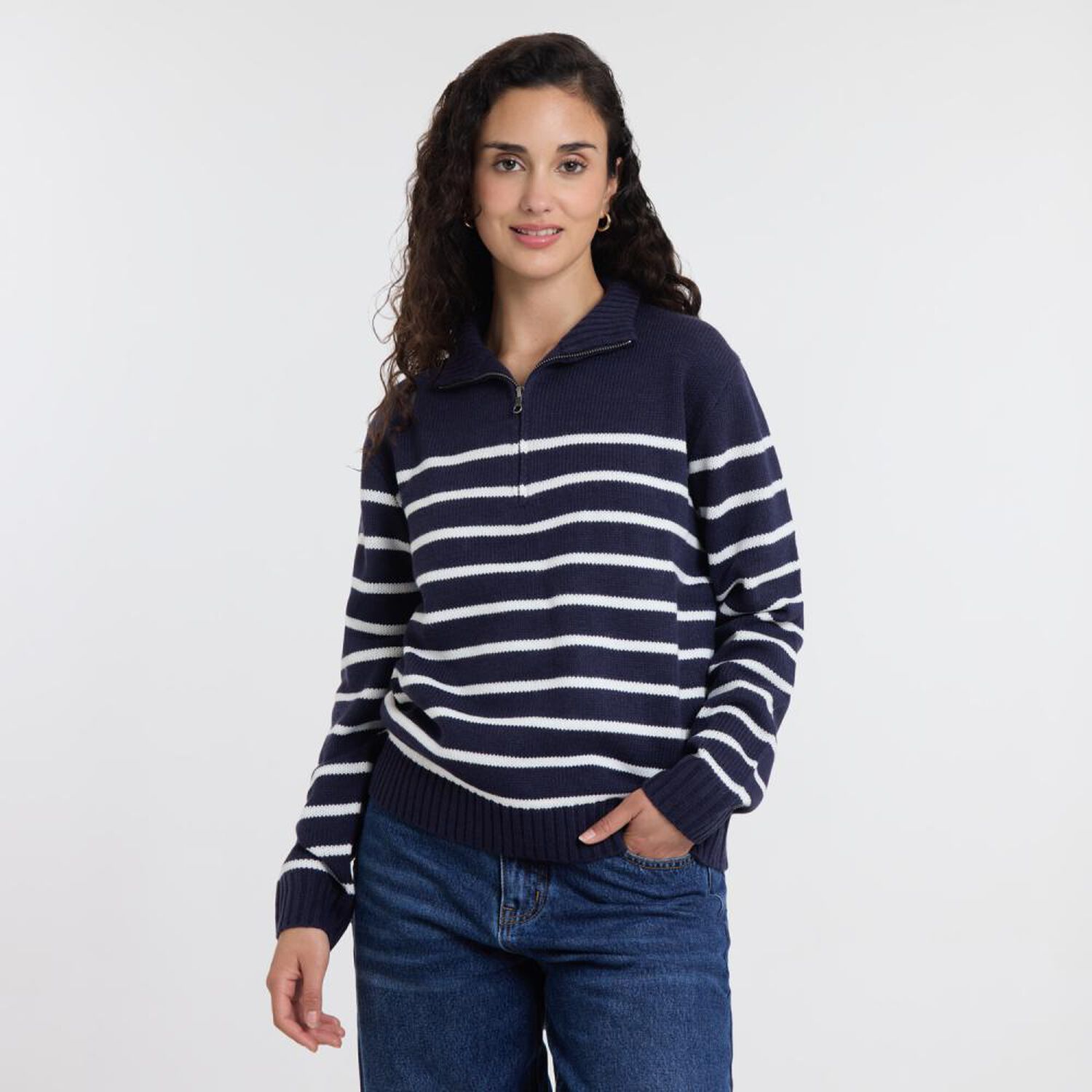 Sweater Rayas Manga Larga Cuello Alto Medio Cierre Mujer Freedom image number 0.0
